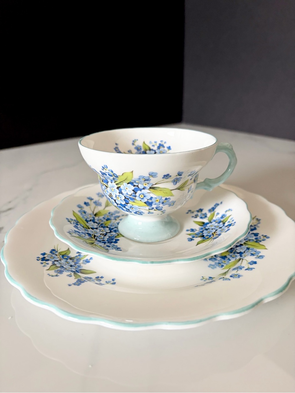 3 Piece SET: Forget Me Not Salad Plate, Cup & Saucer by Rosina English Bone